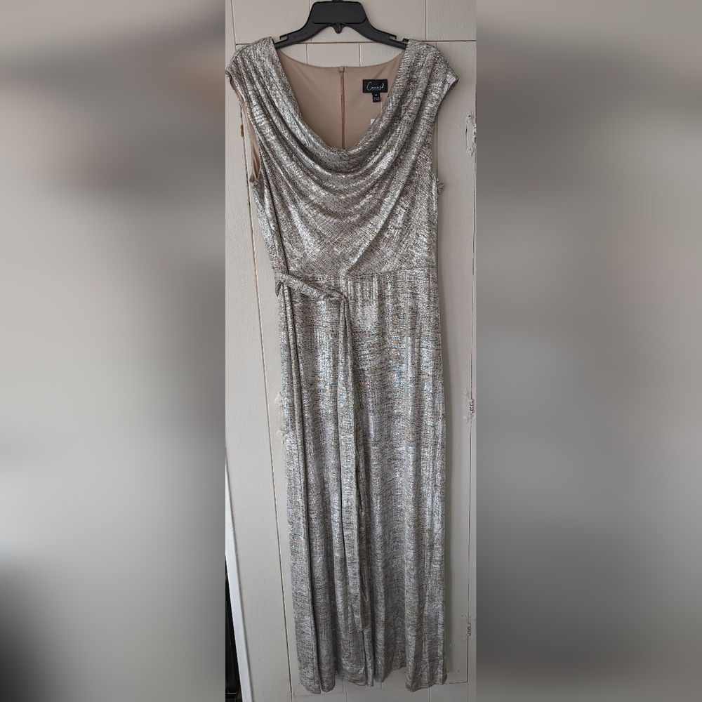 Connected Apparel Womens Silver Metallic Cowl Neck Party Jumpsuit Size 16 NWT